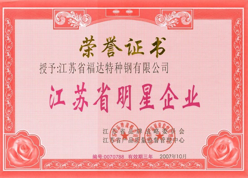 江苏省明星企业荣誉证书